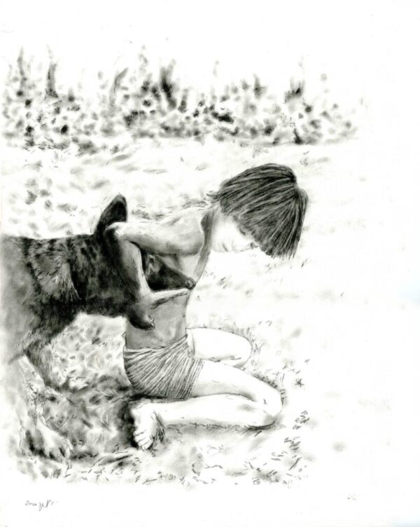 Eyal and His Dog Charcoal drawing