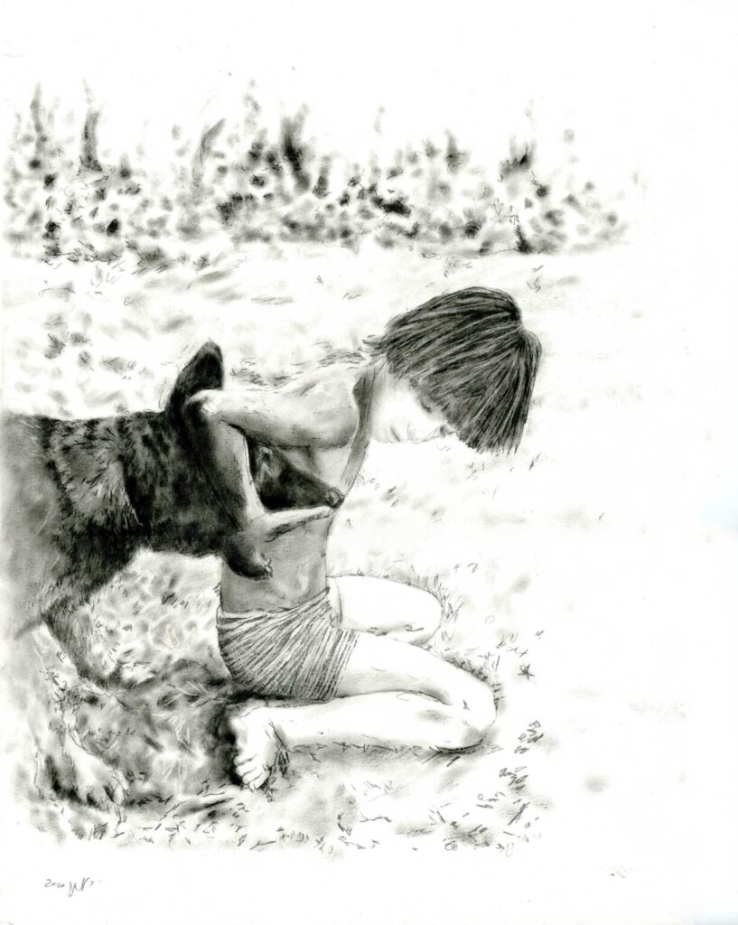 Eyal and His Dog – Charcoal drawing