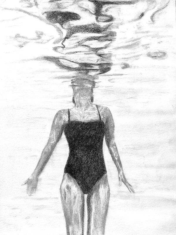 diver, 2023, 23 30 chrcoal an pencil on paper