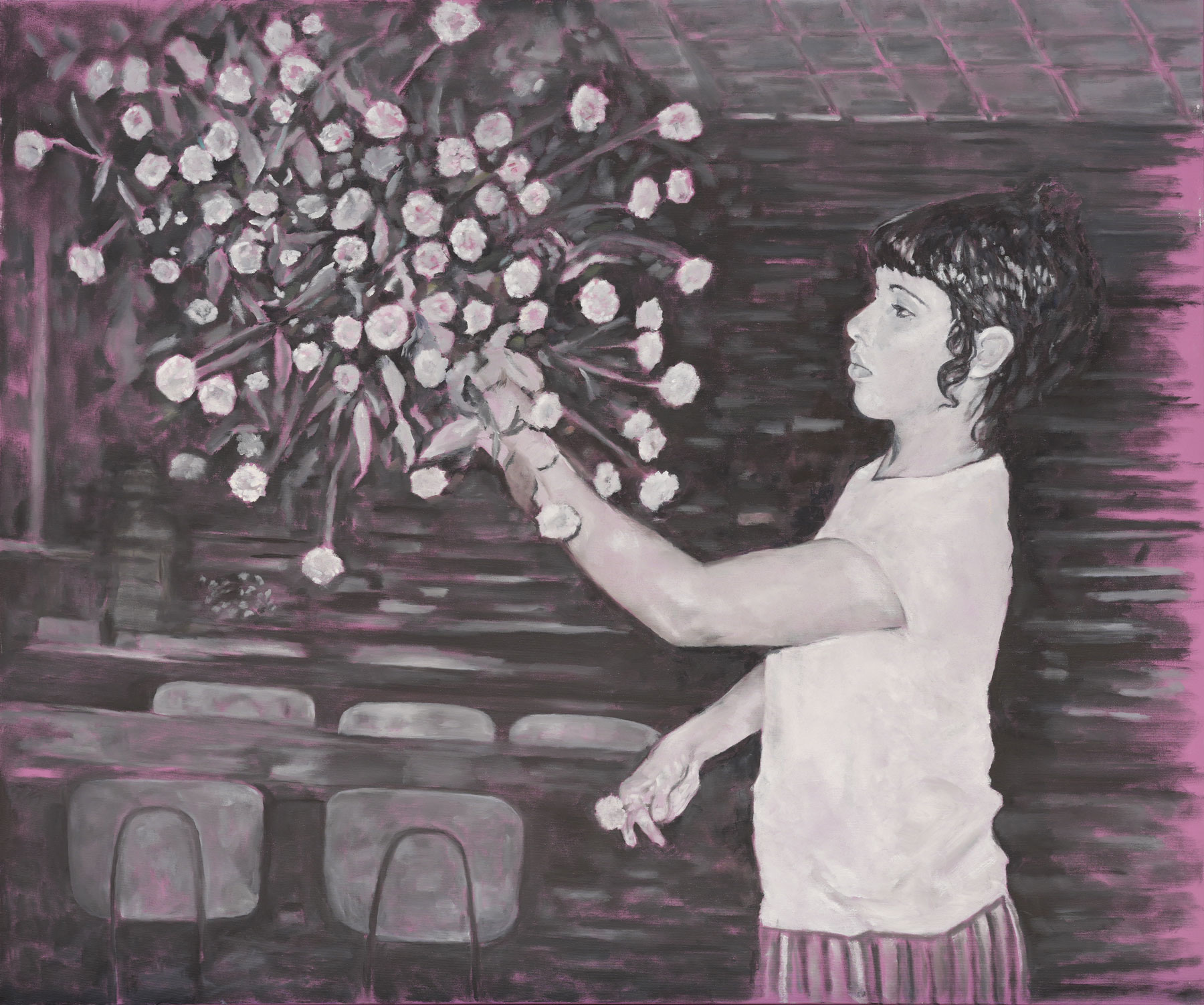 Diti Arranges Flowers, 2021, acrylic and oil on canvas