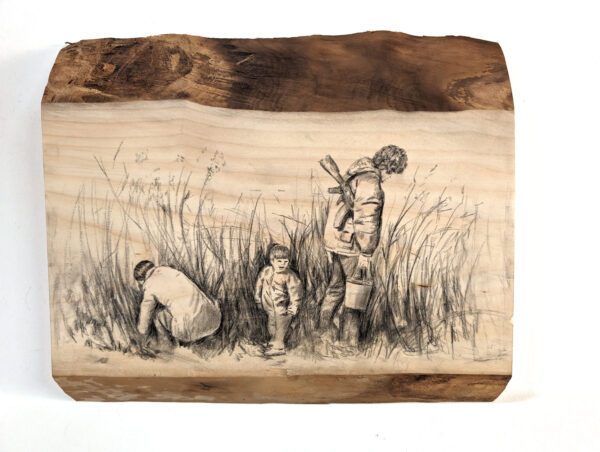 Mushroom Hunting, 2024, charcoal on wood