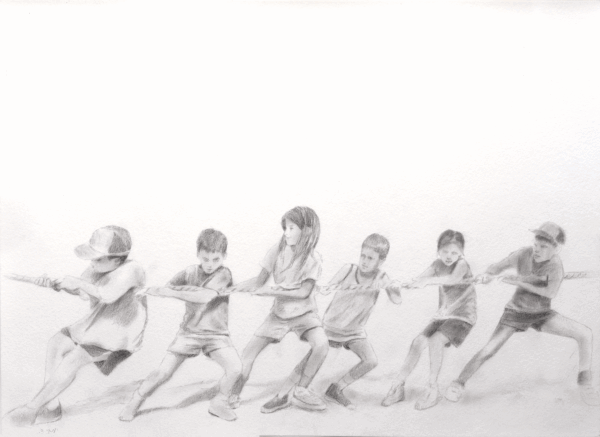 Tug of War 2, 2022, powdered charcoal on paper